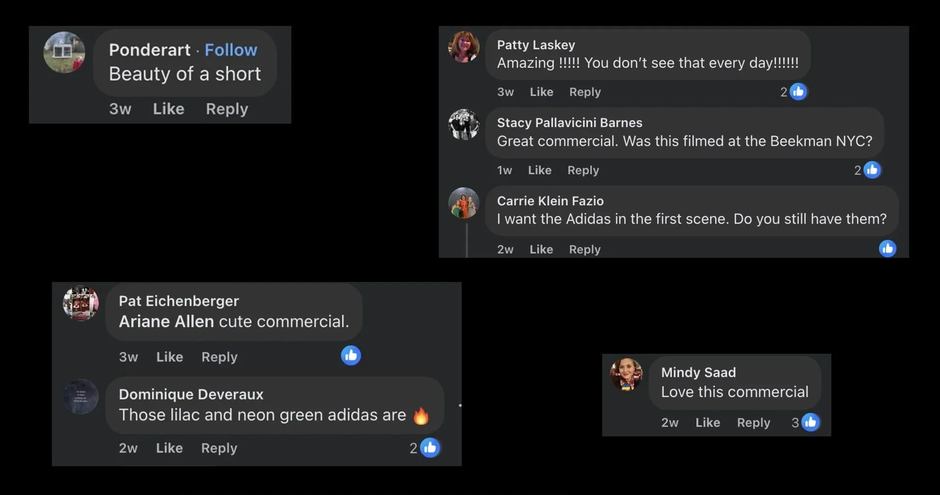 Comments on a Facebook post discussing a commercial. Comments mention the beauty of the commercial, its filming location at Beekman NYC, the appearance of Adidas shoes, and the colors lilac and neon green. Some comments include emojis such as thumbs up and fire.