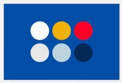 Six colored circles arranged in a grid on a blue background, with white, yellow, red, light gray, light blue, and dark navy colors.