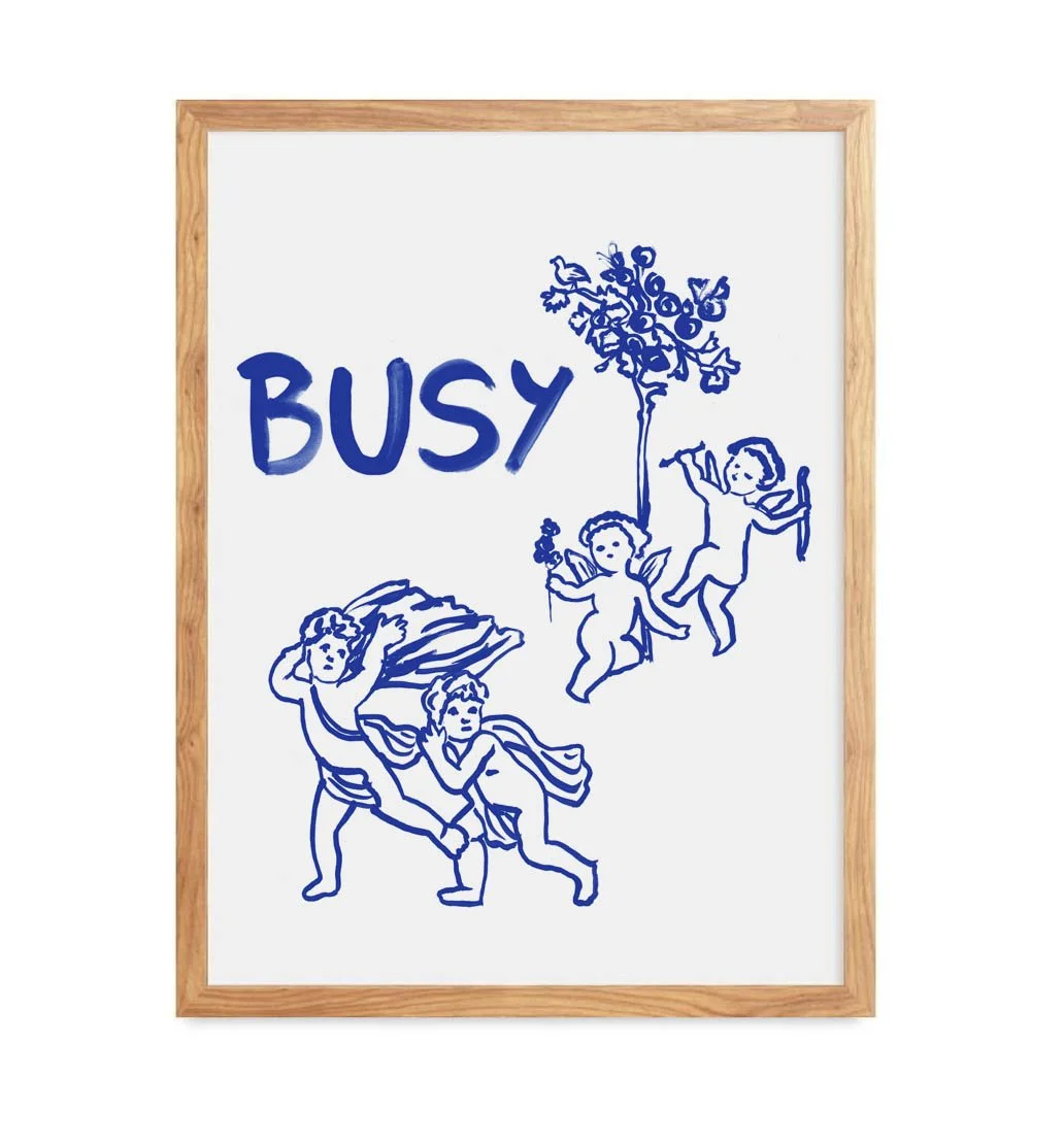 Busy blue typography art print with cherubs by Leïla Dubus