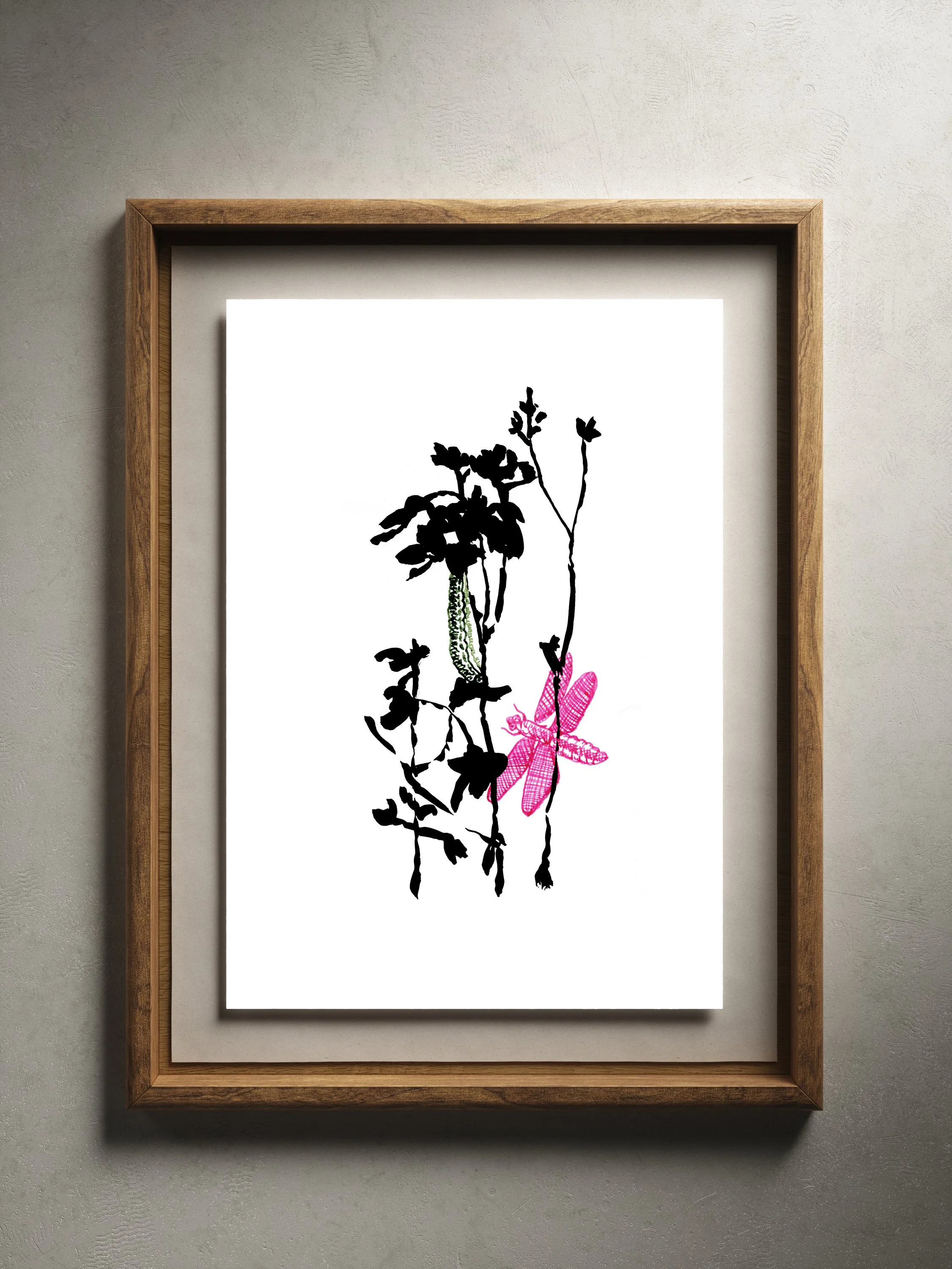 Dragonfly ink print framed on wall