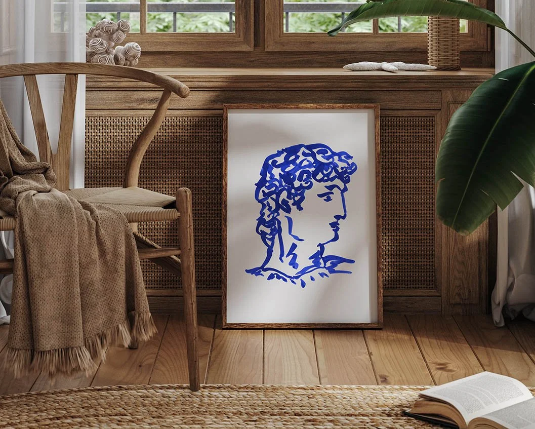 Greek Portrait blue ink print framed
