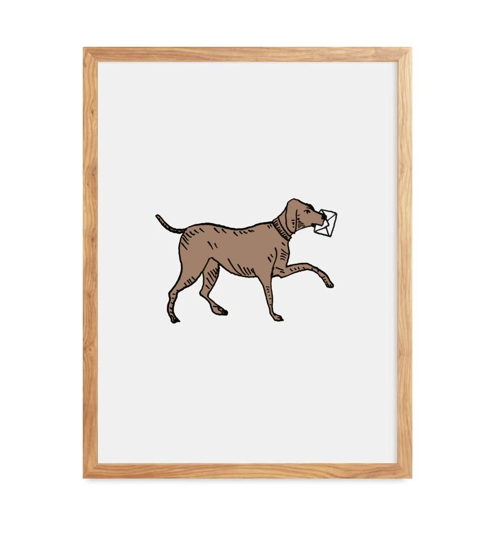 The Dog running dog with letter warm brown ink art print by Leïla Dubus