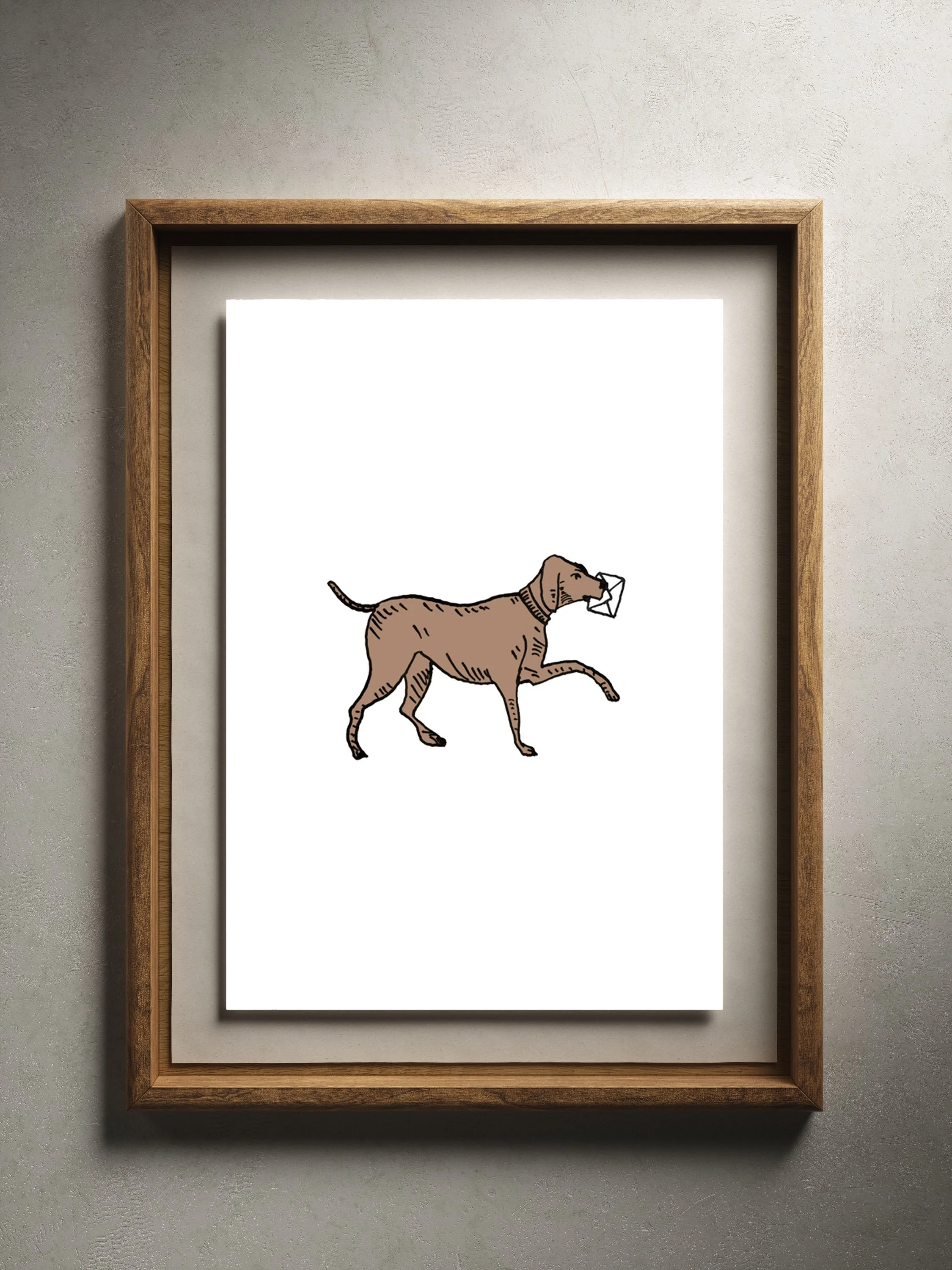 The Dog art print in hallway setting / The Dog ink illustration print framed