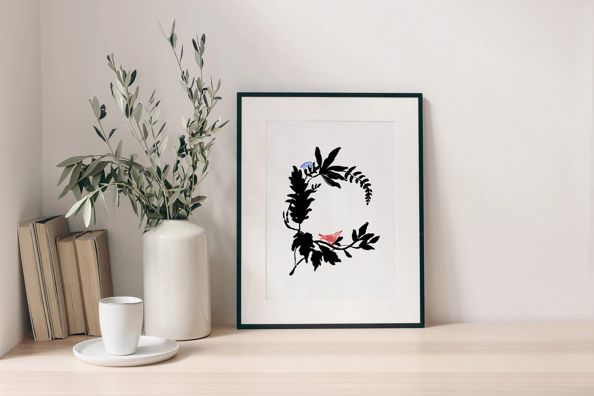 Flower and Birds Wreath art print in home office