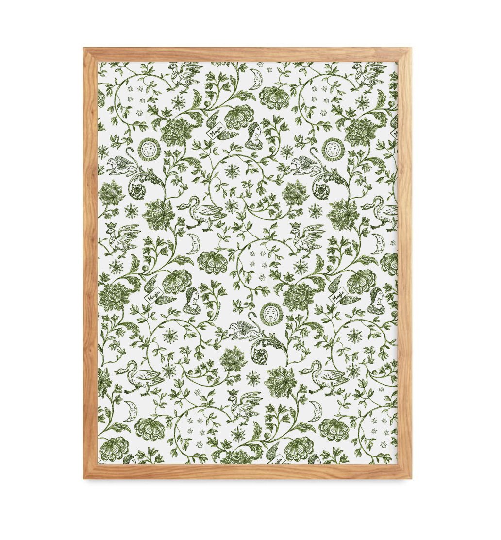 Magic Toile de Jouy green hand-drawn French pattern art print by Leïla Dubus
