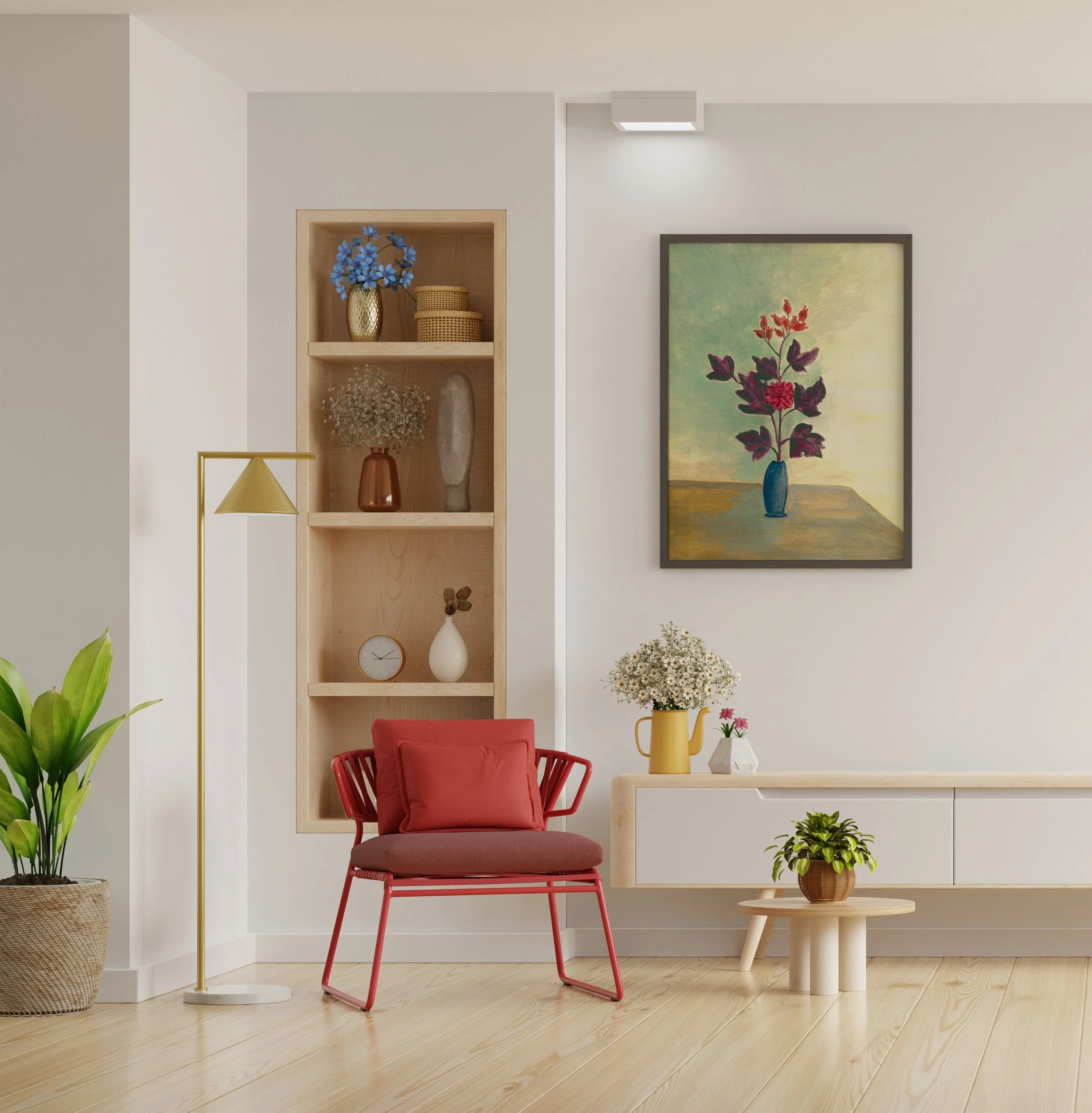 living room red chair dahlia in a blue vase.jpg