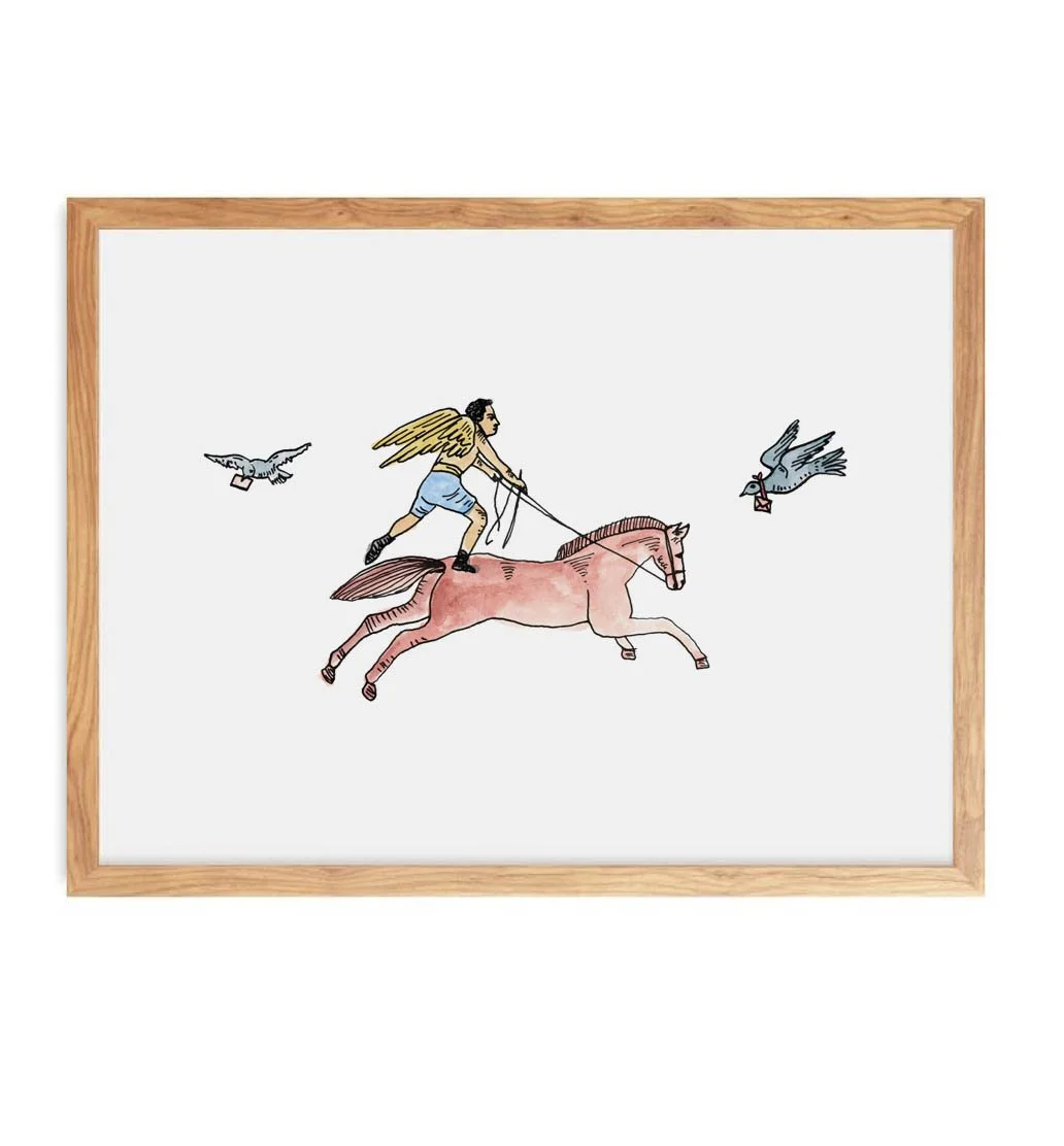 The Equestrian pink horse with carrier pigeons art print by Leïla Dubus
