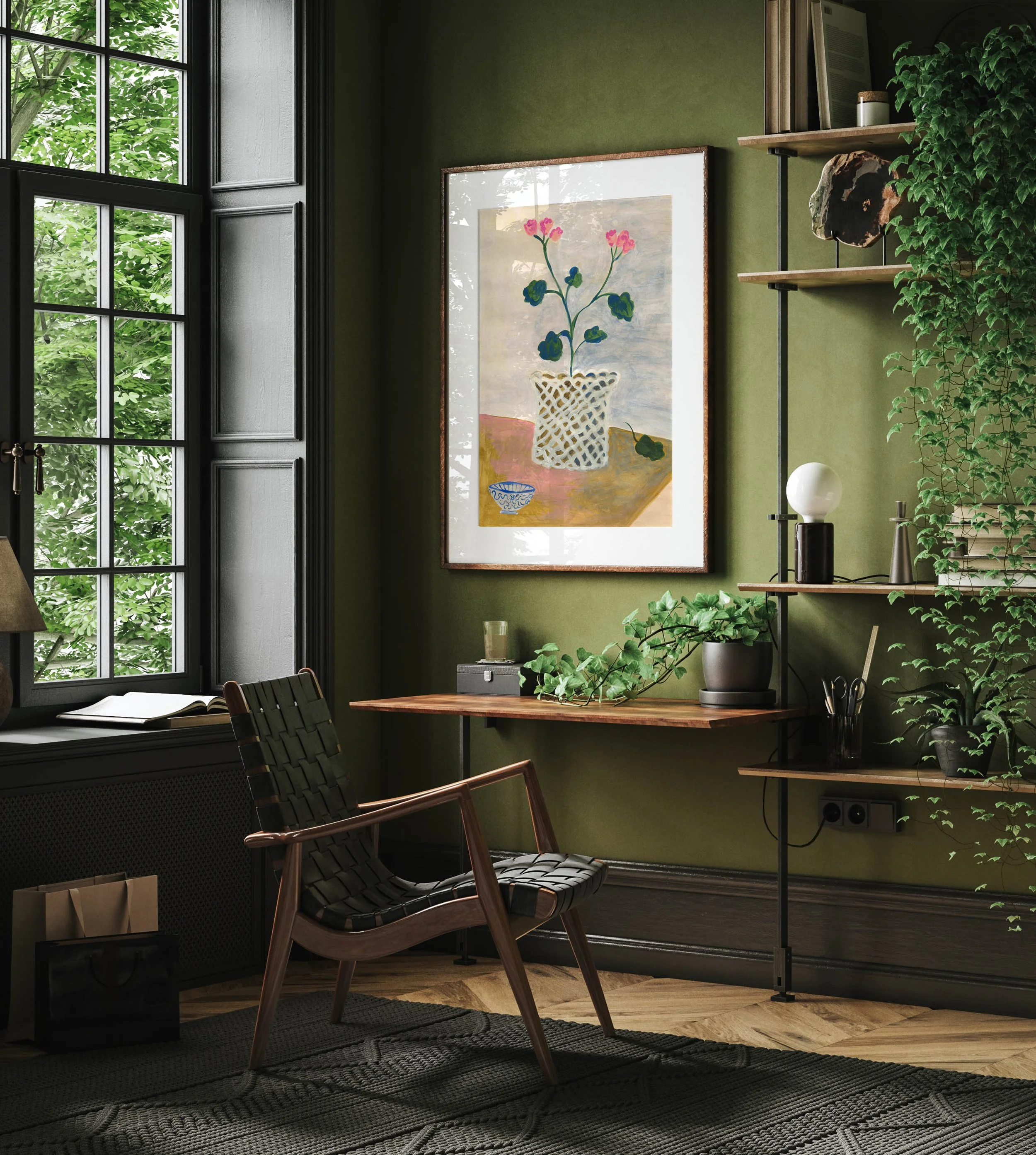 green room pink roses in lattice pot.jpg