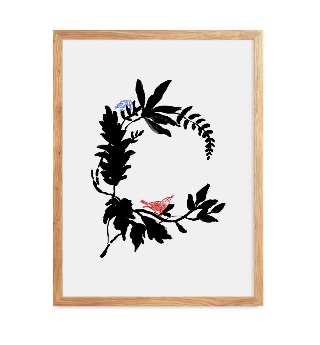 Flower and Birds Wreath ink illustration art print by Leïla Dubus