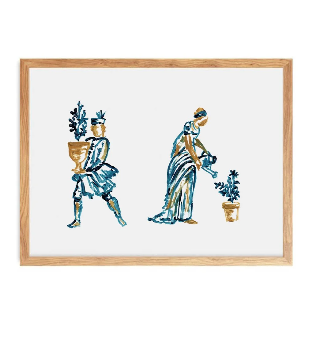 The Gardeners teal and gold figurative art print by Leïla Dubus