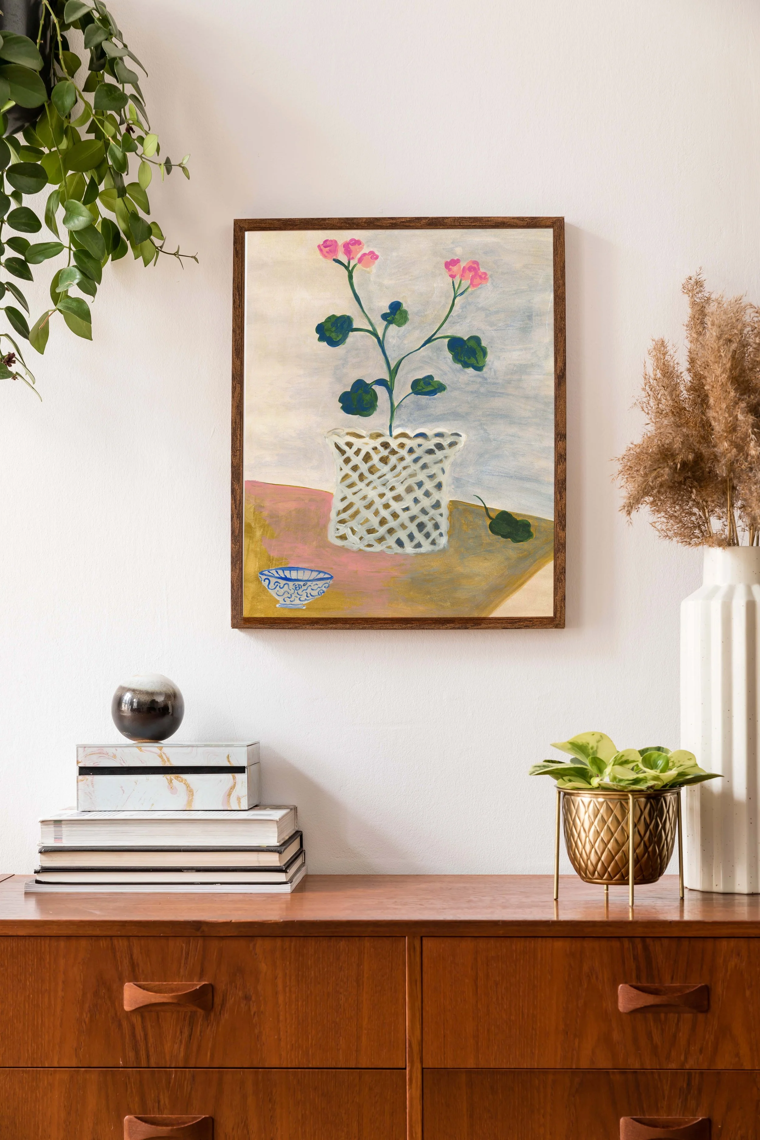 living room pink roses in lattice pot.jpg