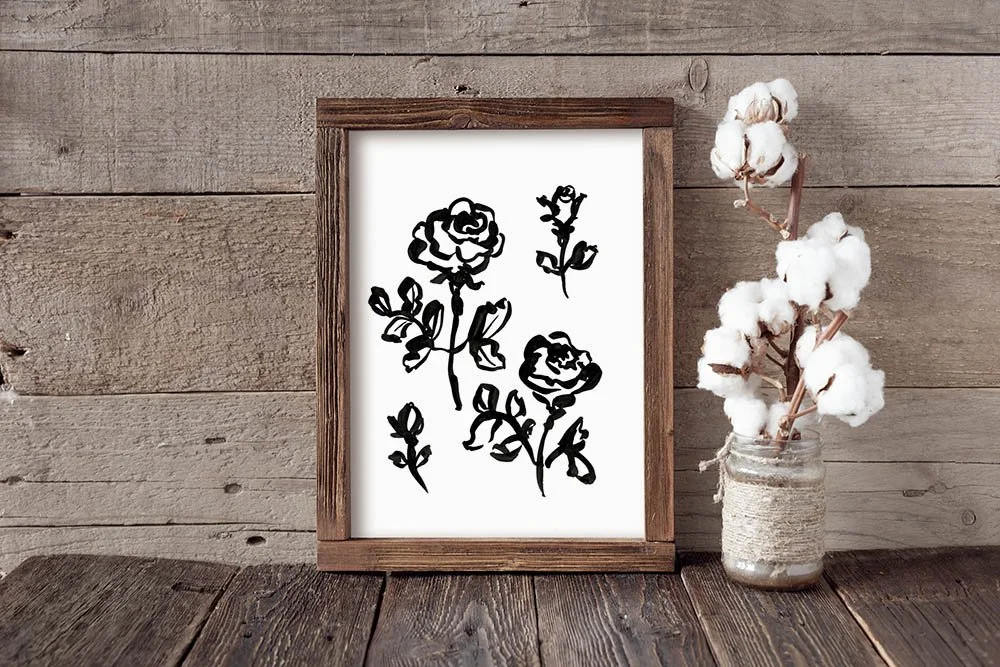 Black and White Roses ink print framed