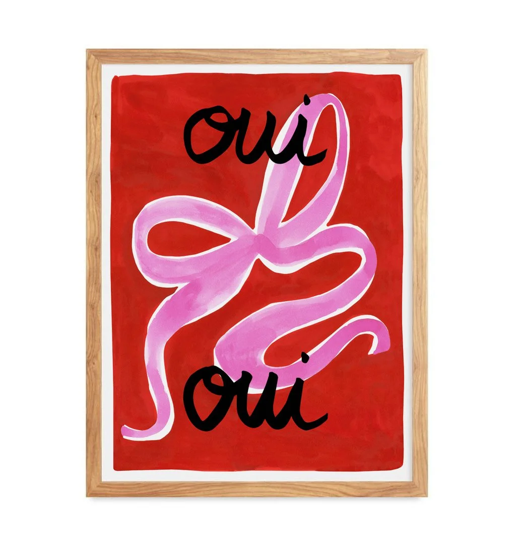 Oui Oui French typography art print red background pink bow by Leïla Dubus