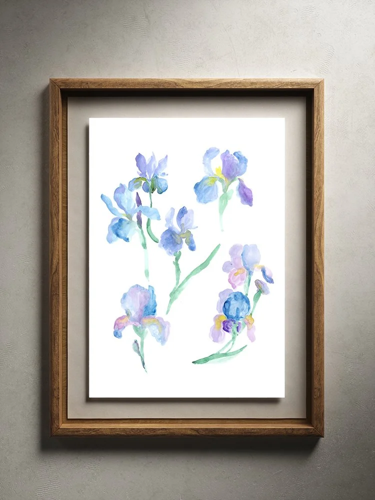 Watercolor Irises pastel print framed
