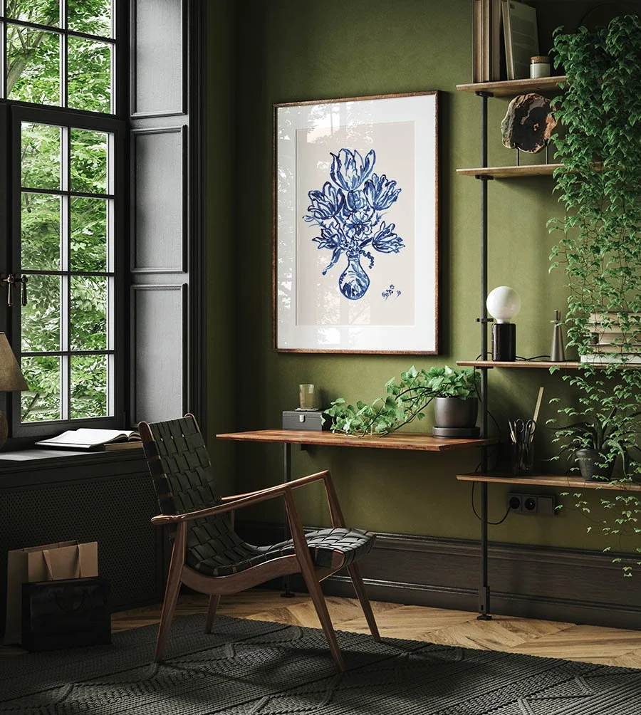 Blue Tulips in Vase art print in living room setting