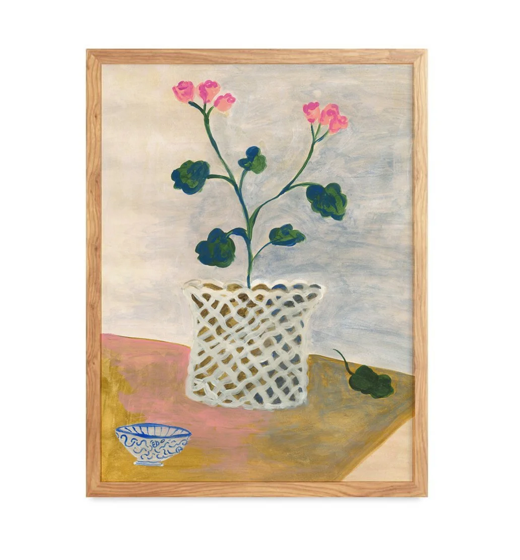 Pink Roses in Lattice Pot Print