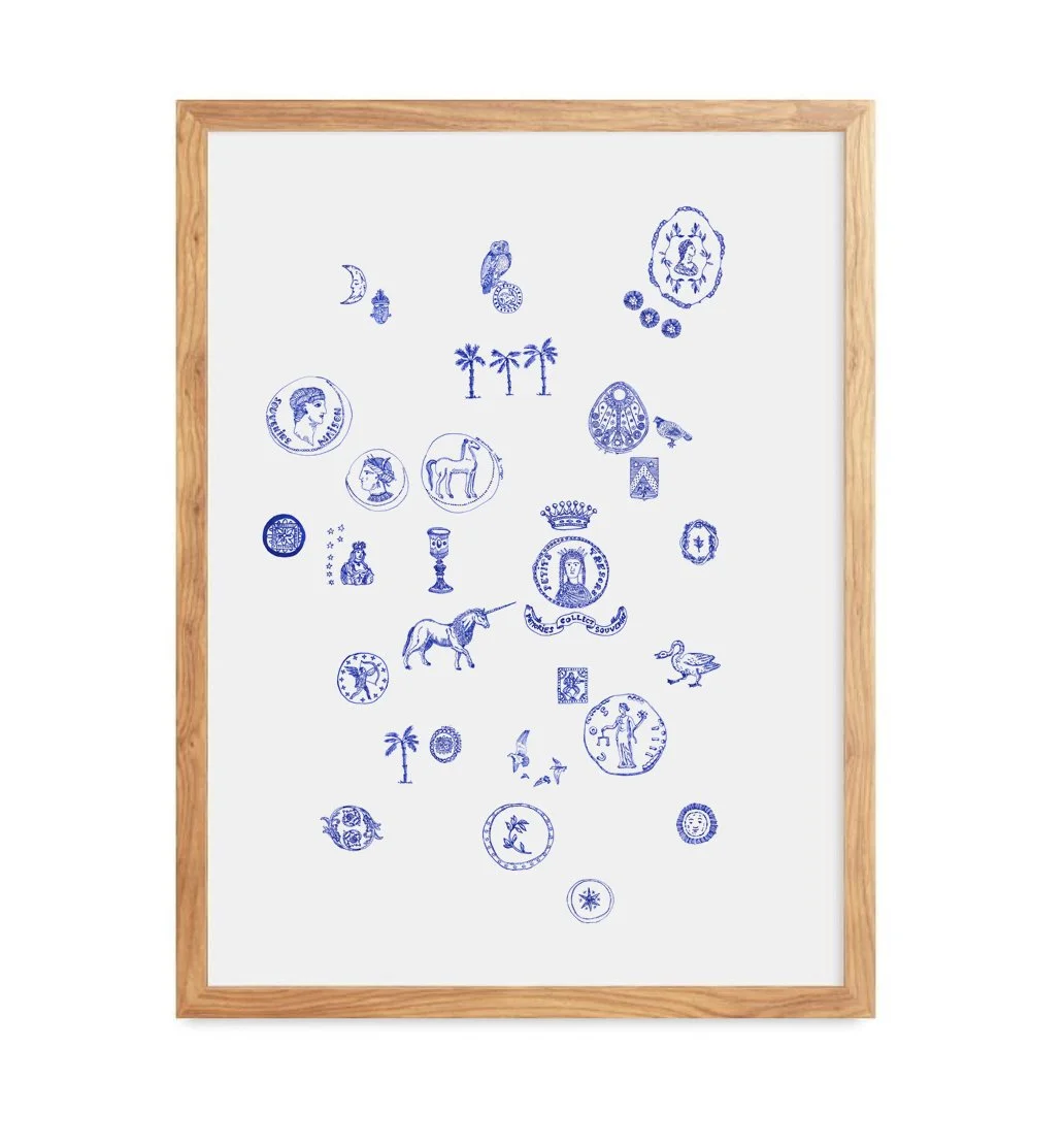 Cabinet de Curiosités deep blue ink illustration art print by Leïla Dubus