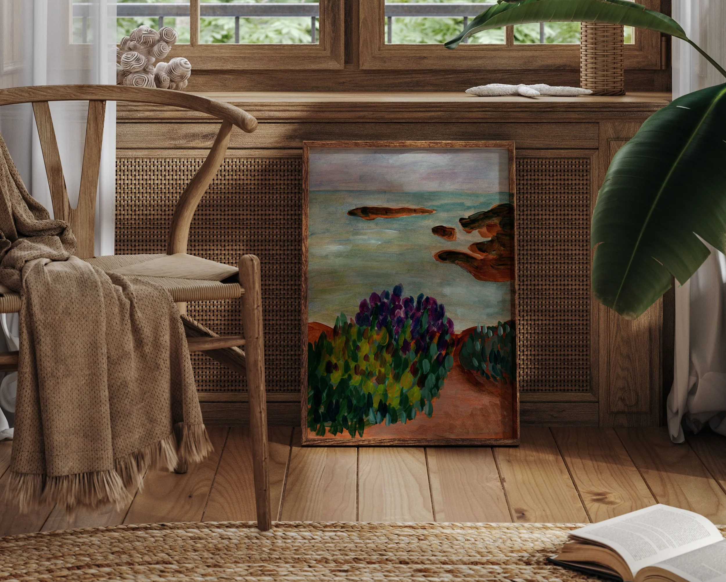 Coastal Wildflowers art print in beach house interior