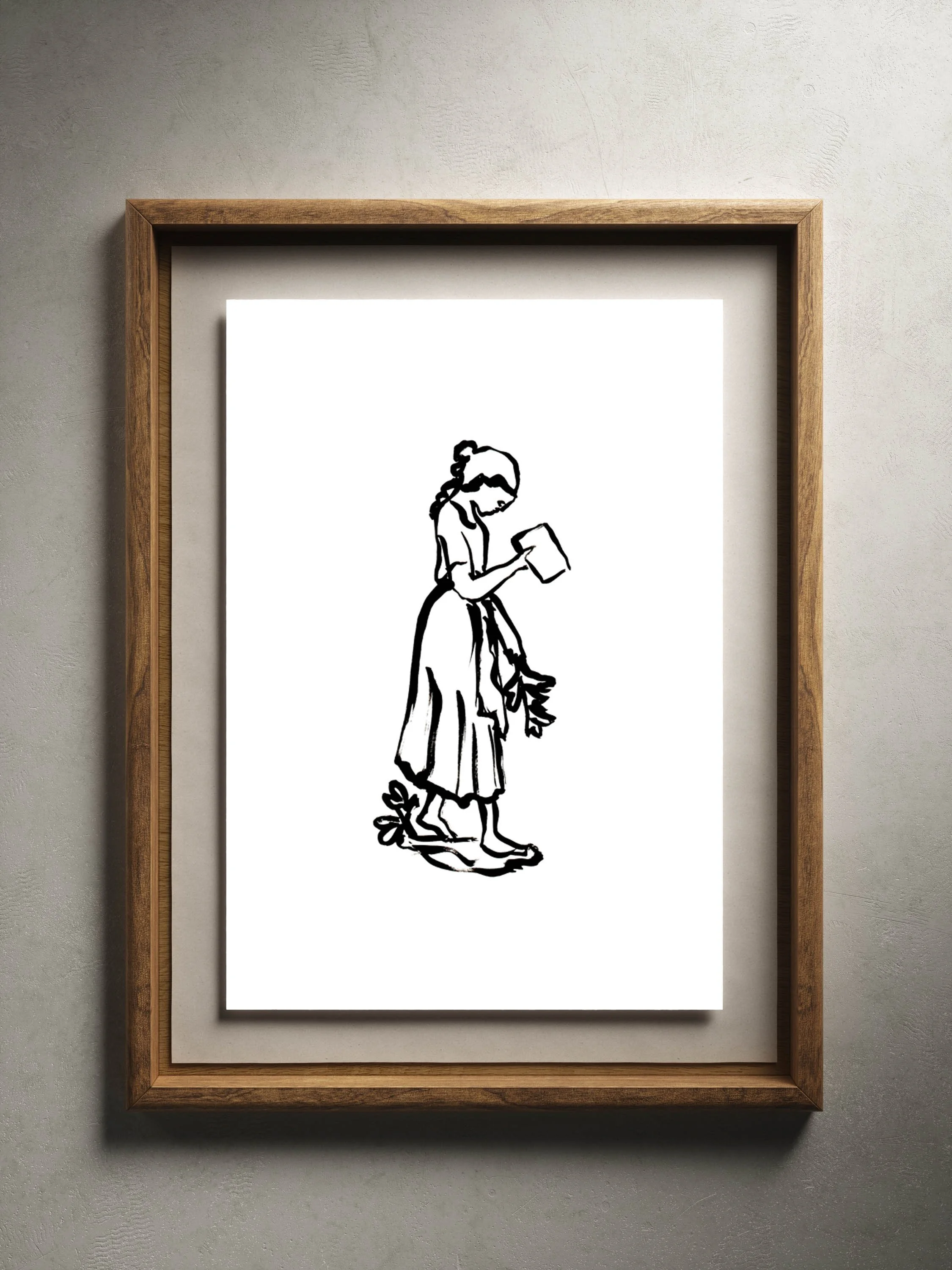 The Reader ink illustration framed