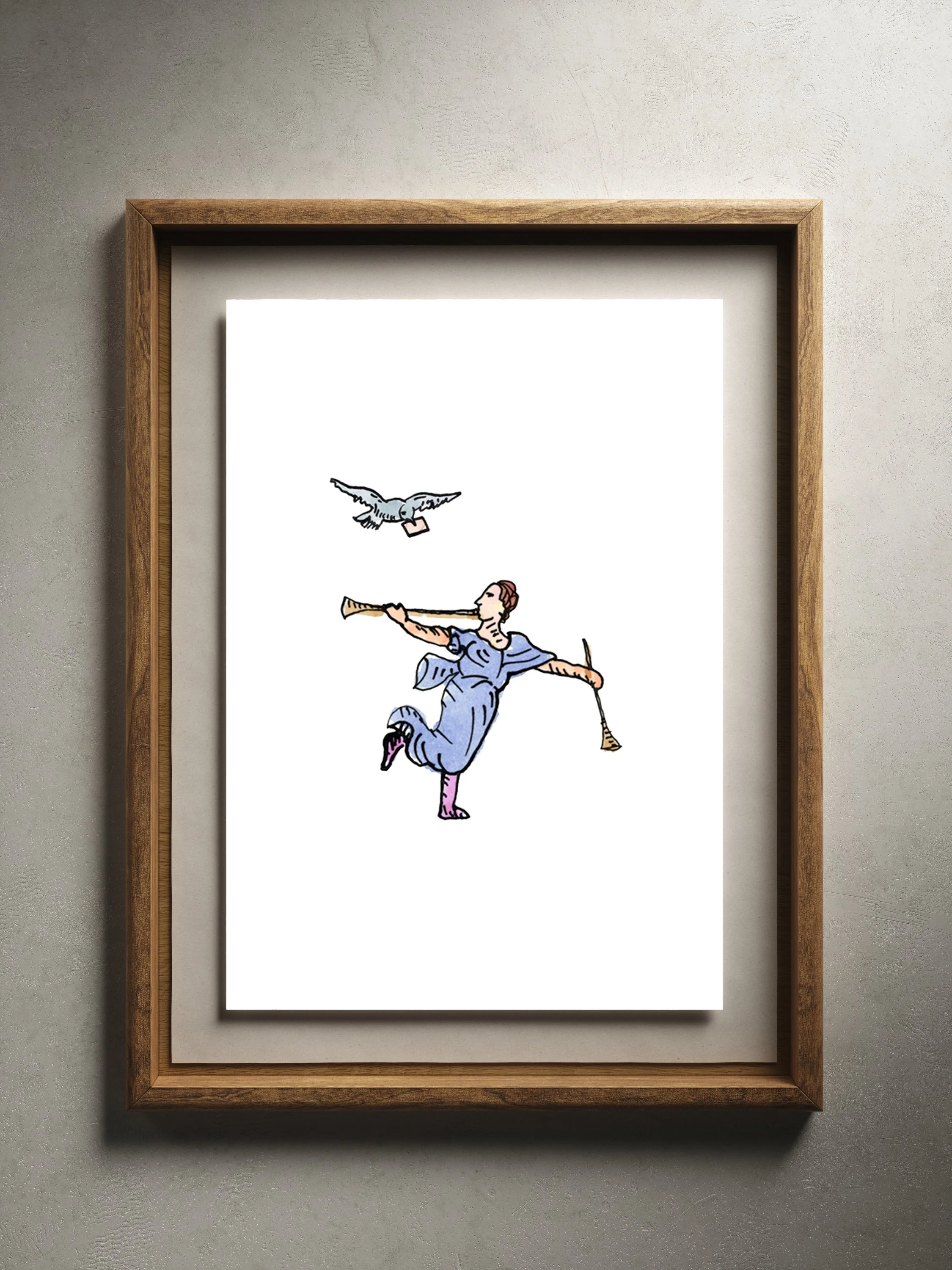 The Troubadour art print in bedroom setting / The Troubadour blue figure print framed