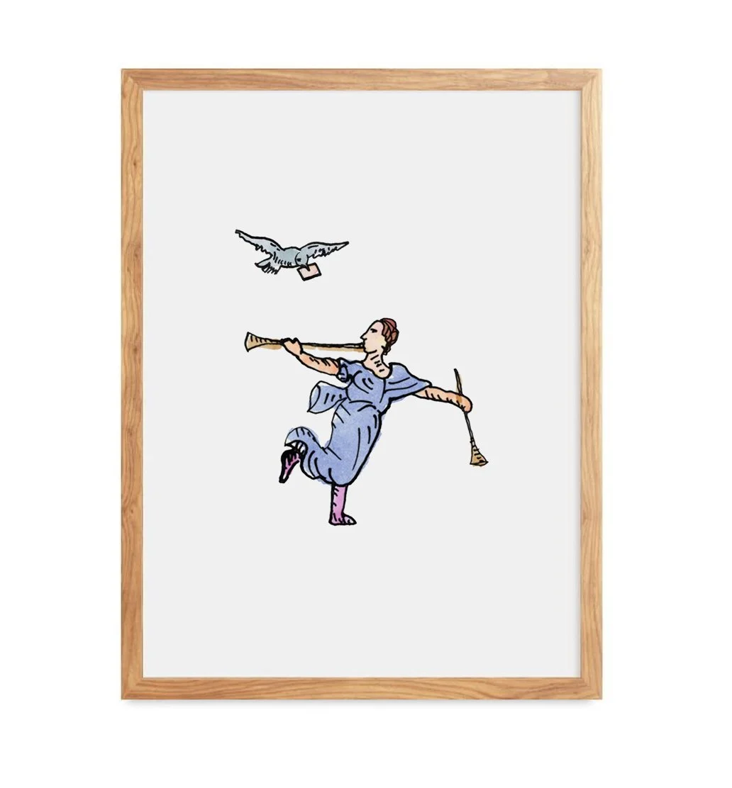 The Troubadour blue figure with bird ink and watercolor art print by Leïla Dubus
