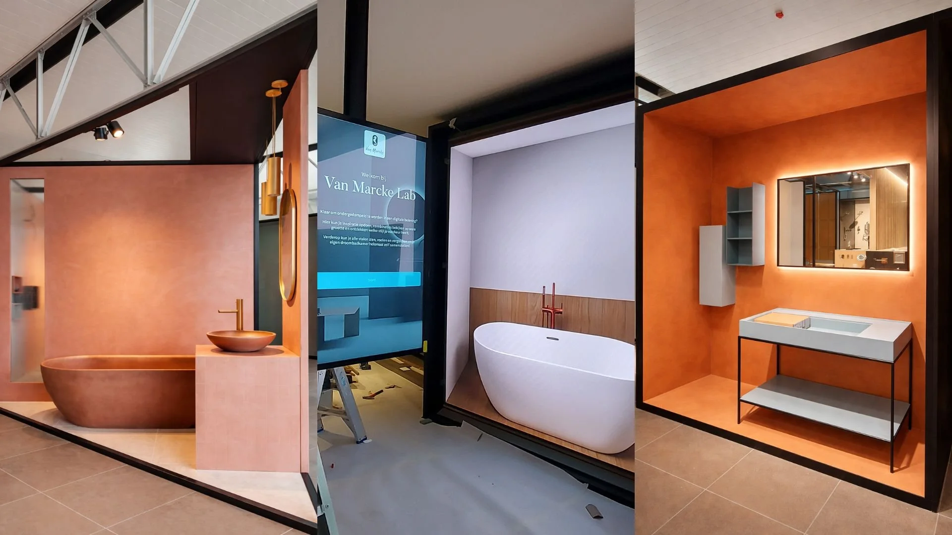 Interior of a bathroom showroom displaying various modern bathtubs, sinks, mirrors, and storage units with a mix of warm and neutral colors.