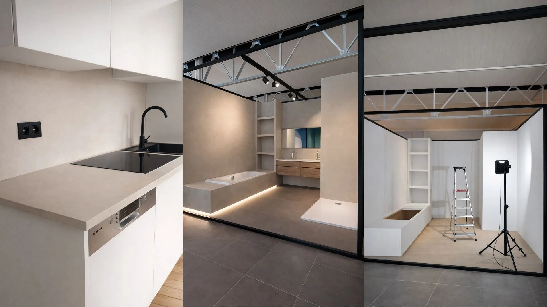 Interior of a modern room under construction with a kitchen area, a bathtub, a vanity with double sinks, shelving, and a partially finished ceiling with lighting and construction equipment.