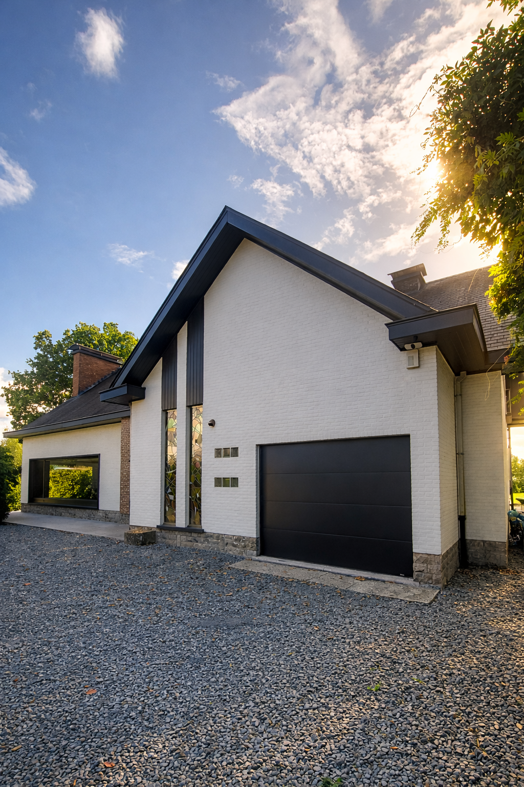 Modern house with white brick exterior, black accents, and large window, set against a bright sky with scattered clouds and sunlight filtering through trees.