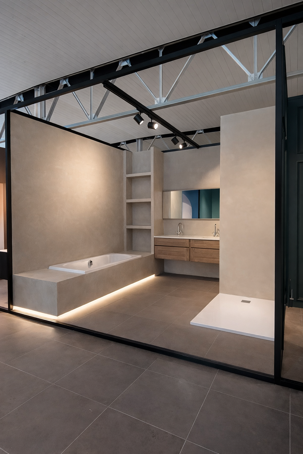 Modern minimalist bathroom with a built-in bathtub, floating vanity, large mirror, and open shelving, illuminated with soft lighting inside the walls.