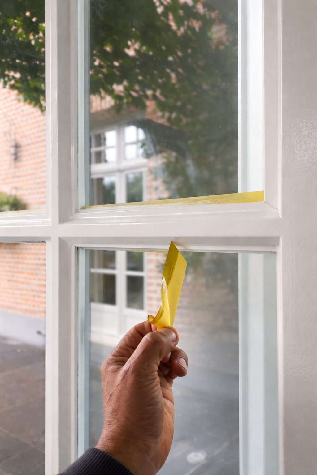 A person applying tape to a window frame for painting preparation, with a view of building exteriors and trees outside.