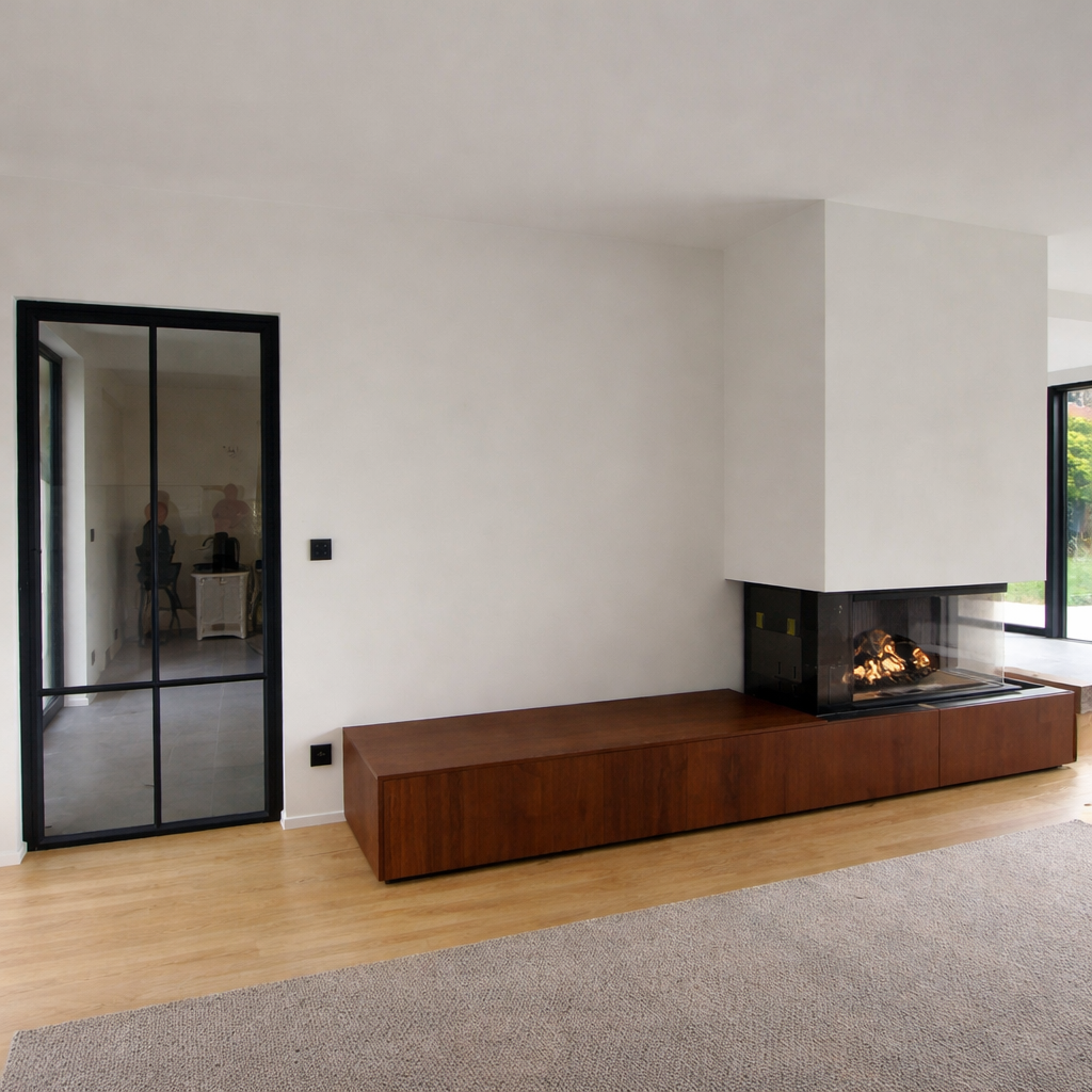 Modern living room with a white wall, a corner fireplace with visible flames, a wooden low cabinet, a glass door with black frame, and part of a window showing greenery outside.