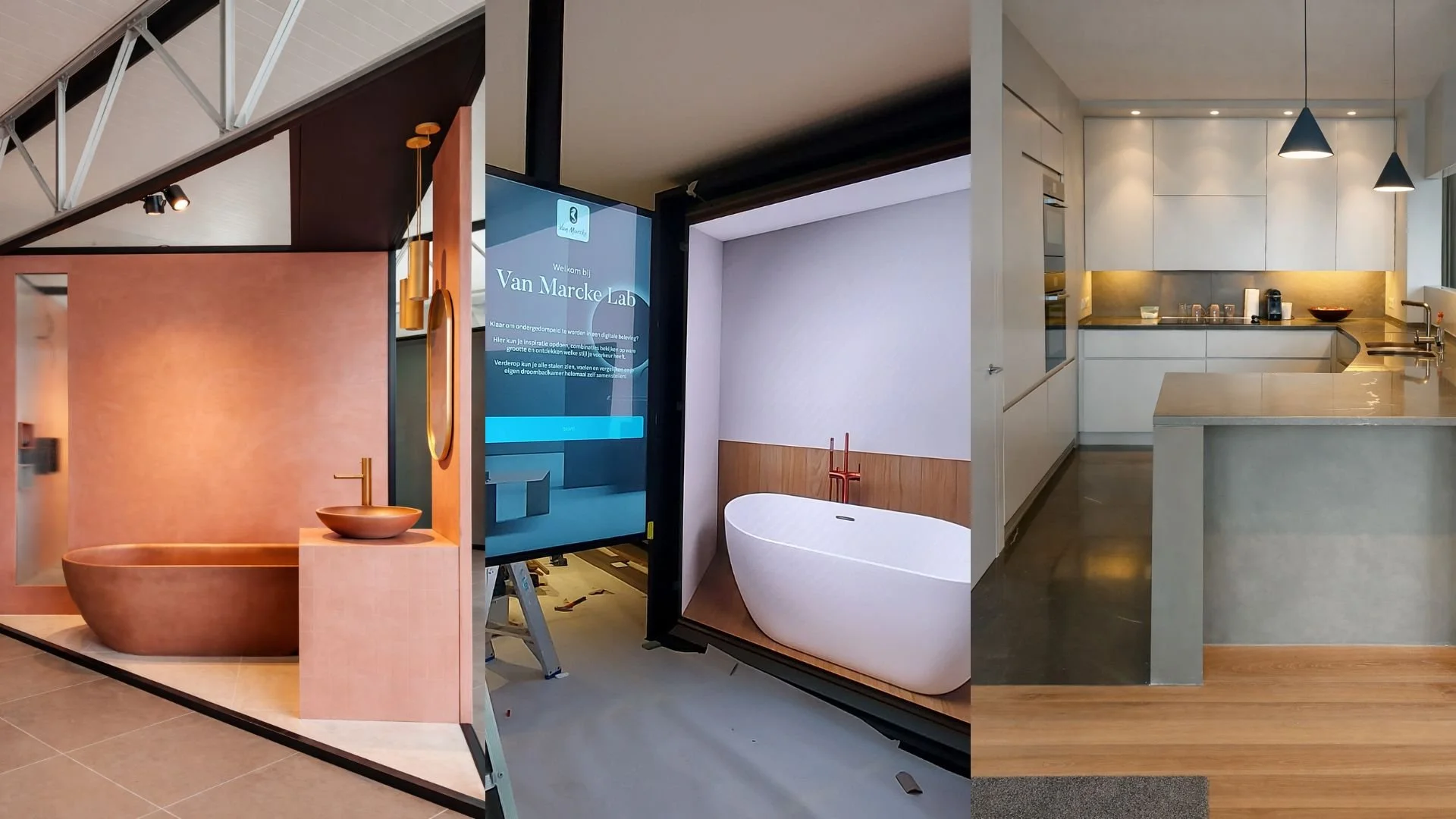 Three modern bathrooms, each with distinct styles. The first features a copper bathtub and sink with a pink wall and black trim. The second showcases a freestanding white tub with a copper faucet in an minimalist setting with a large digital screen displaying Dutch text. The third bathroom has a sleek, white kitchen area with black accents, two black pendant lights, and wooden flooring.