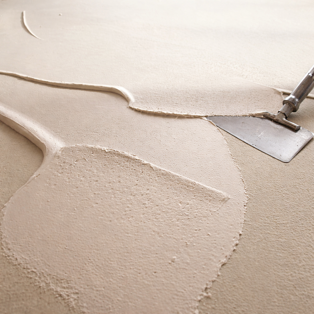 A trowel spreading beige wall texture or plaster on a wall surface.
