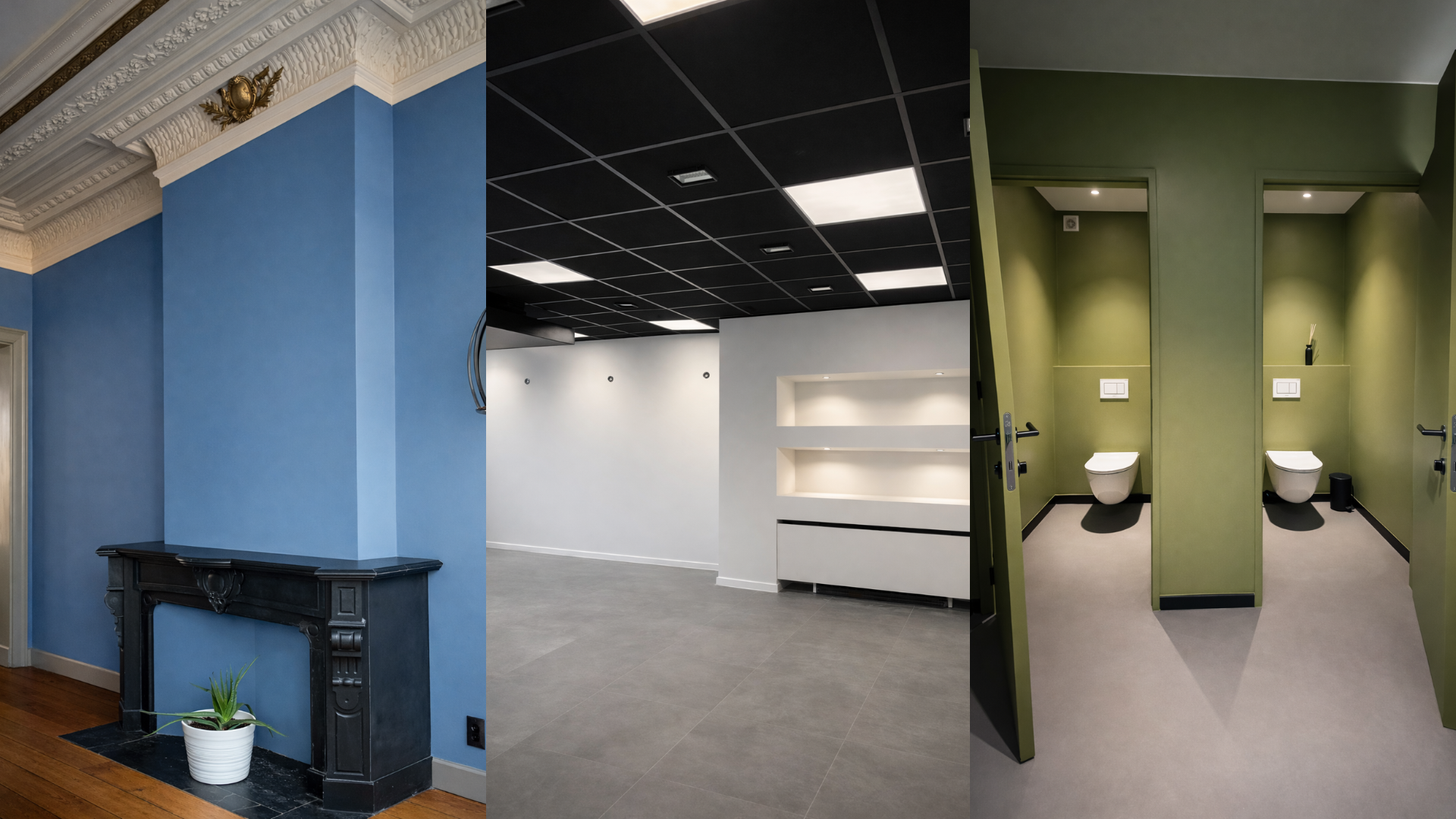 Collage of three interior spaces: a room with a blue wall and ornate mantelpiece with a potted plant, a modern minimalist room with white walls, black ceiling, and built-in shelves, and a green stall bathroom with two toilets.
