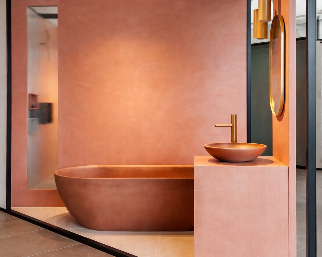 A modern bathroom with pink walls, a standalone pink bathtub, a pink sink with a gold faucet, and a gold mirror, with partial view of a glass door and tiled floor.