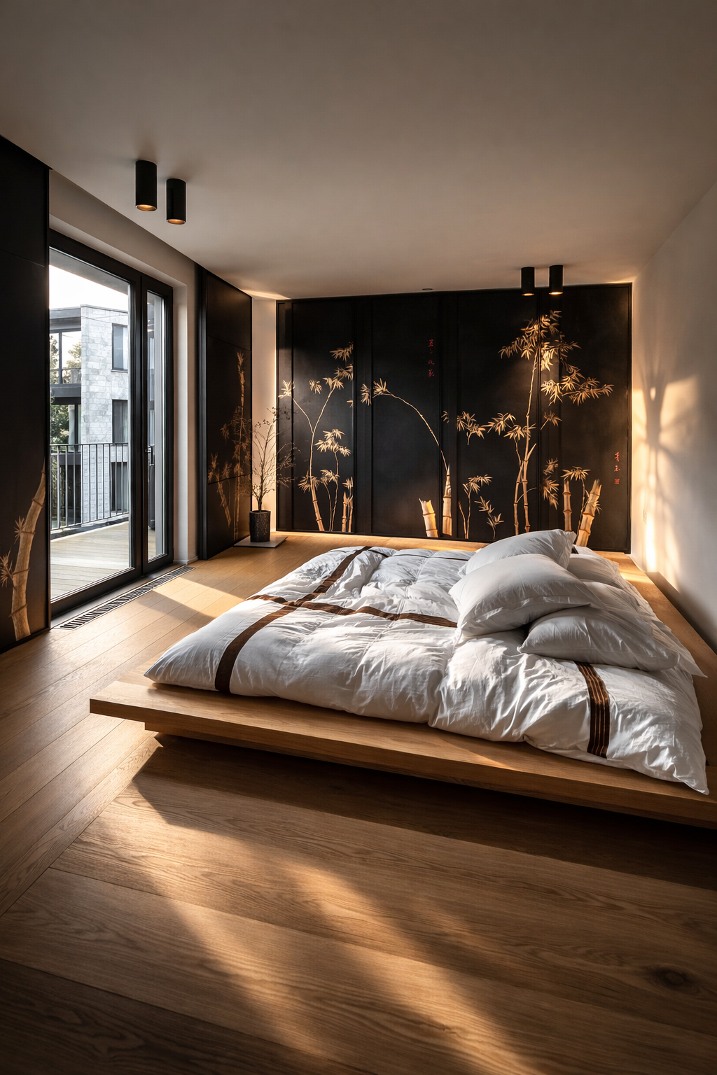 A modern bedroom with a low wooden bed, white bedding, and black wall panels with gold bamboo designs. Sunlight streams through glass doors leading to a balcony, casting shadows on the wooden floor.
