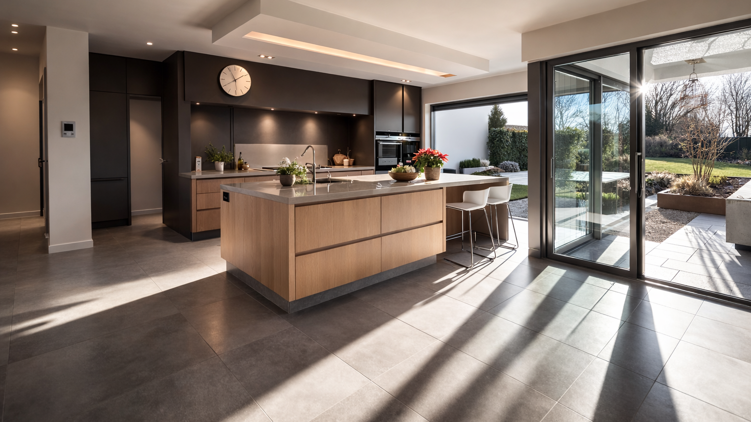 Modern kitchen with oak island, black cabinets, stainless steel appliances, and sliding glass door leading to outdoor patio.