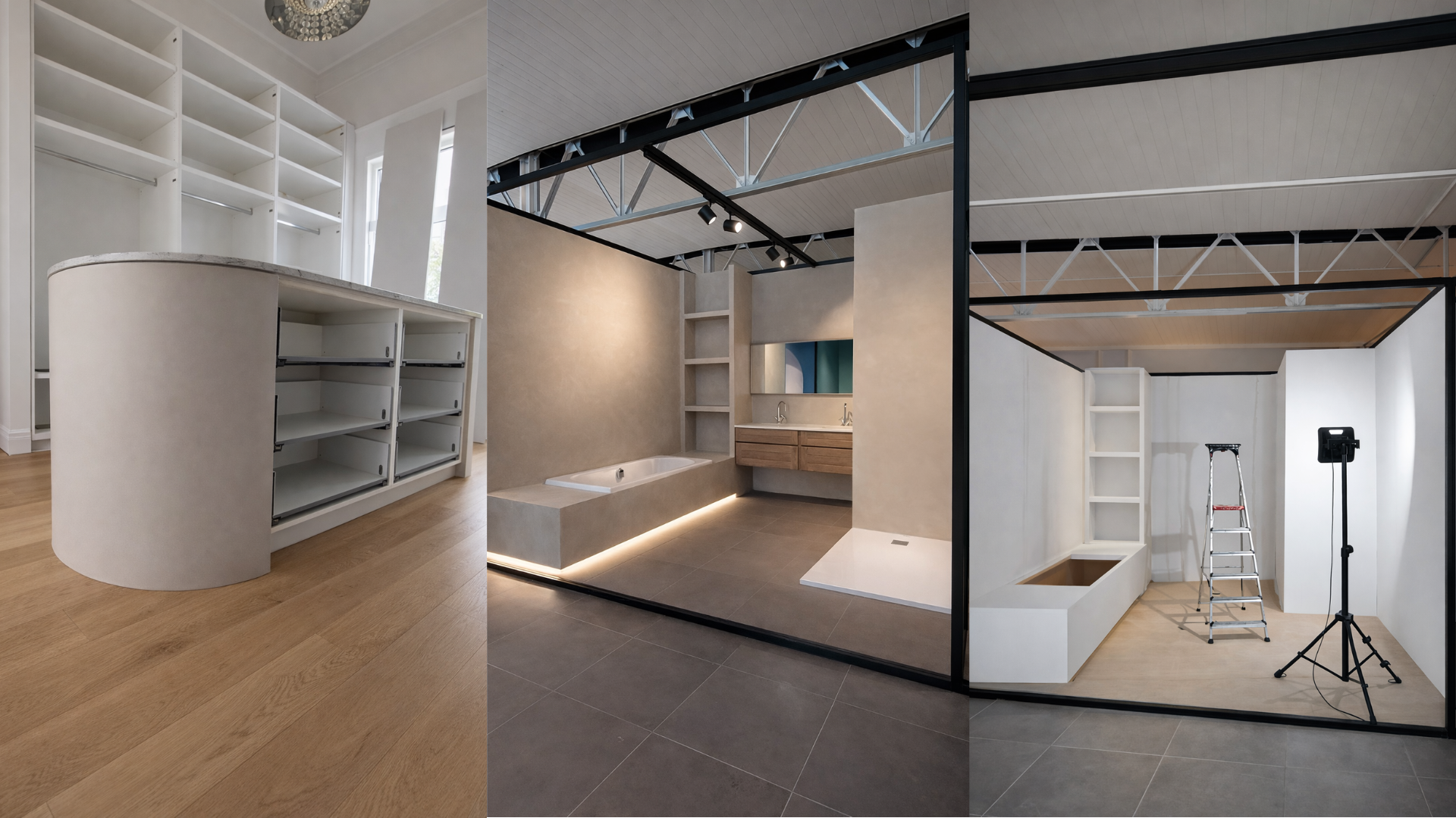 Drie verschillende kameropstellingen in een studio: de eerste toont een witte kast met houten vloer, de tweede heeft een moderne badkamer met een bad, wastafel en beige muren, en de derde stelt een minimalistische ruimte voor met een trapladder, een