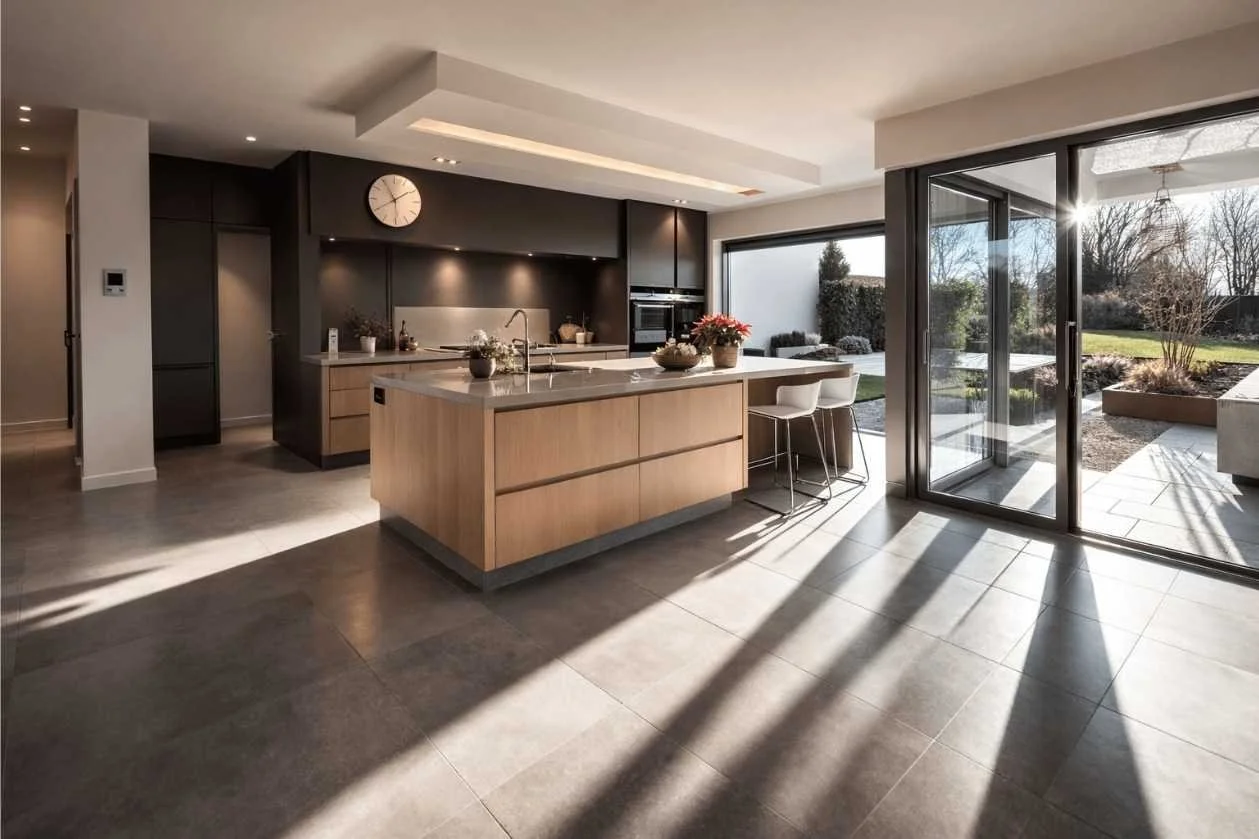 Modern kitchen with an island, dark and light cabinetry, and large sliding glass doors leading to an outdoor garden.