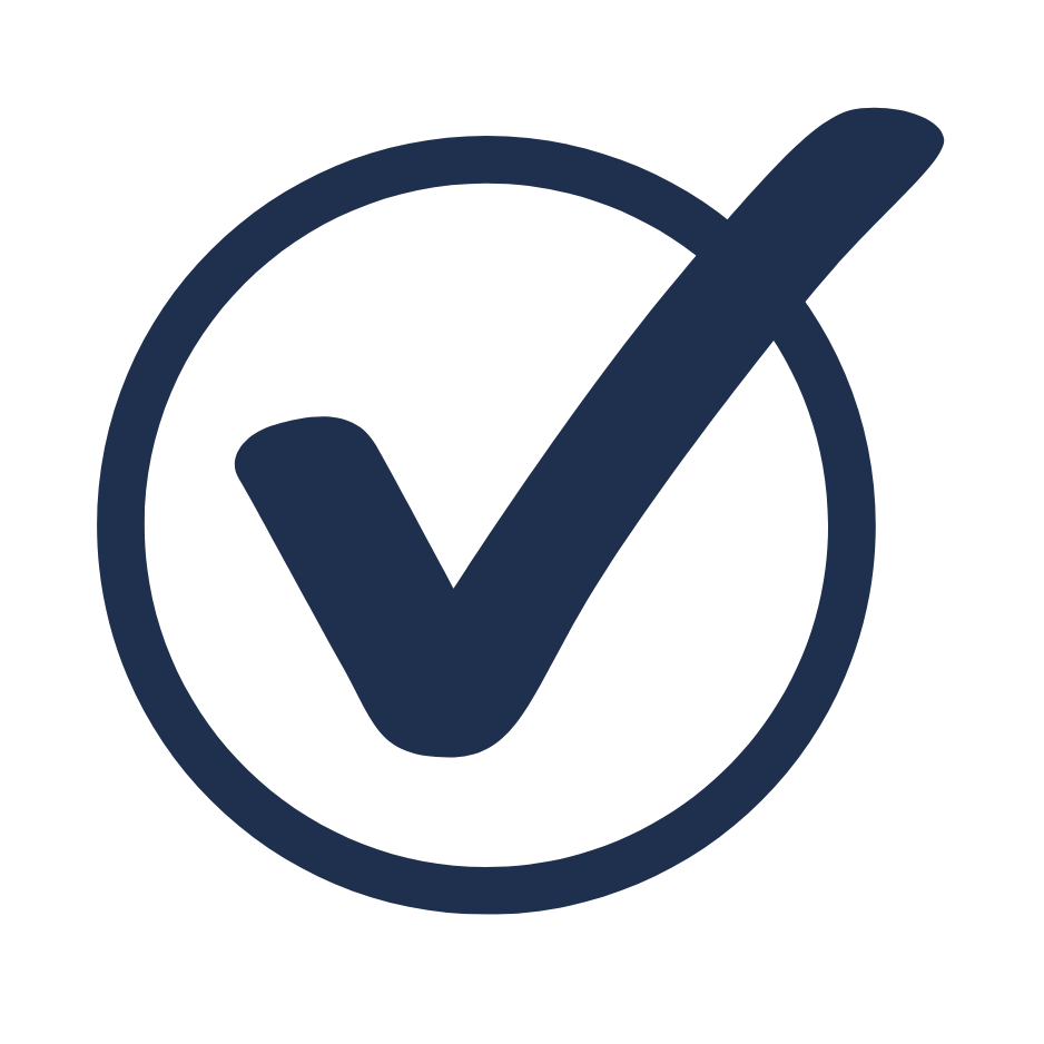 Dark blue check mark inside a circle on a black background.
