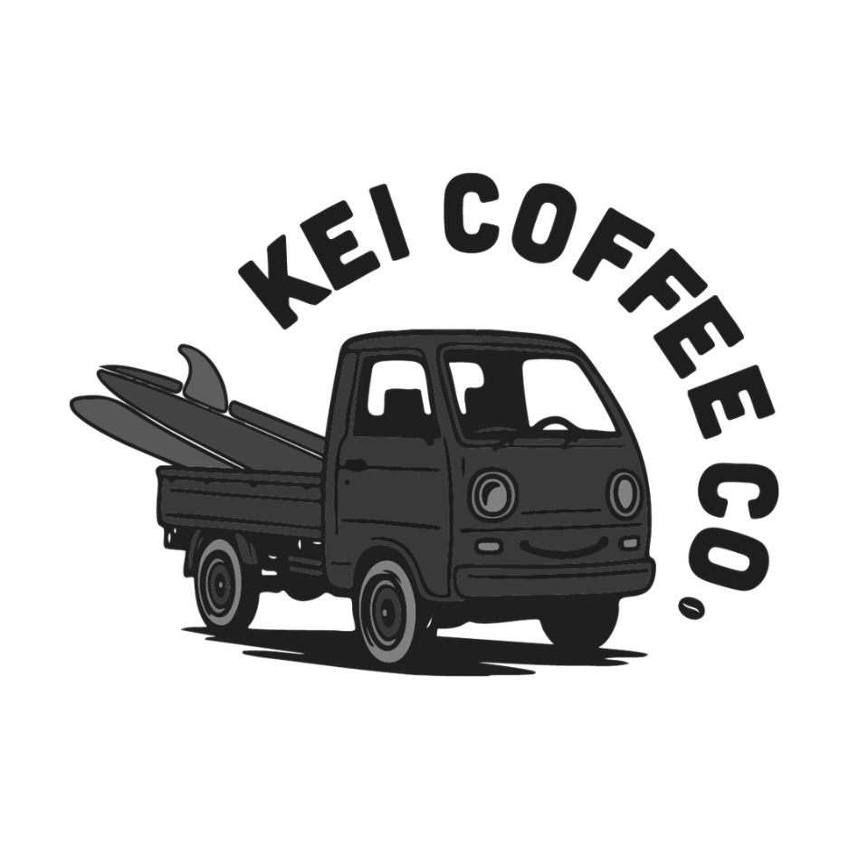 A logo of a small pickup truck with surfboards in the back and the words "KEI COFFEE CO." arched above it.
