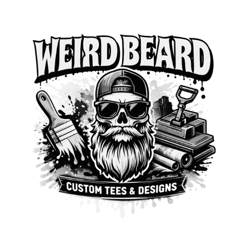 A logo with a bearded man wearing sunglasses and a backwards cap, surrounded by tattoo tools, with the text 'Weird Beard' and 'Custom Tees & Designs'.