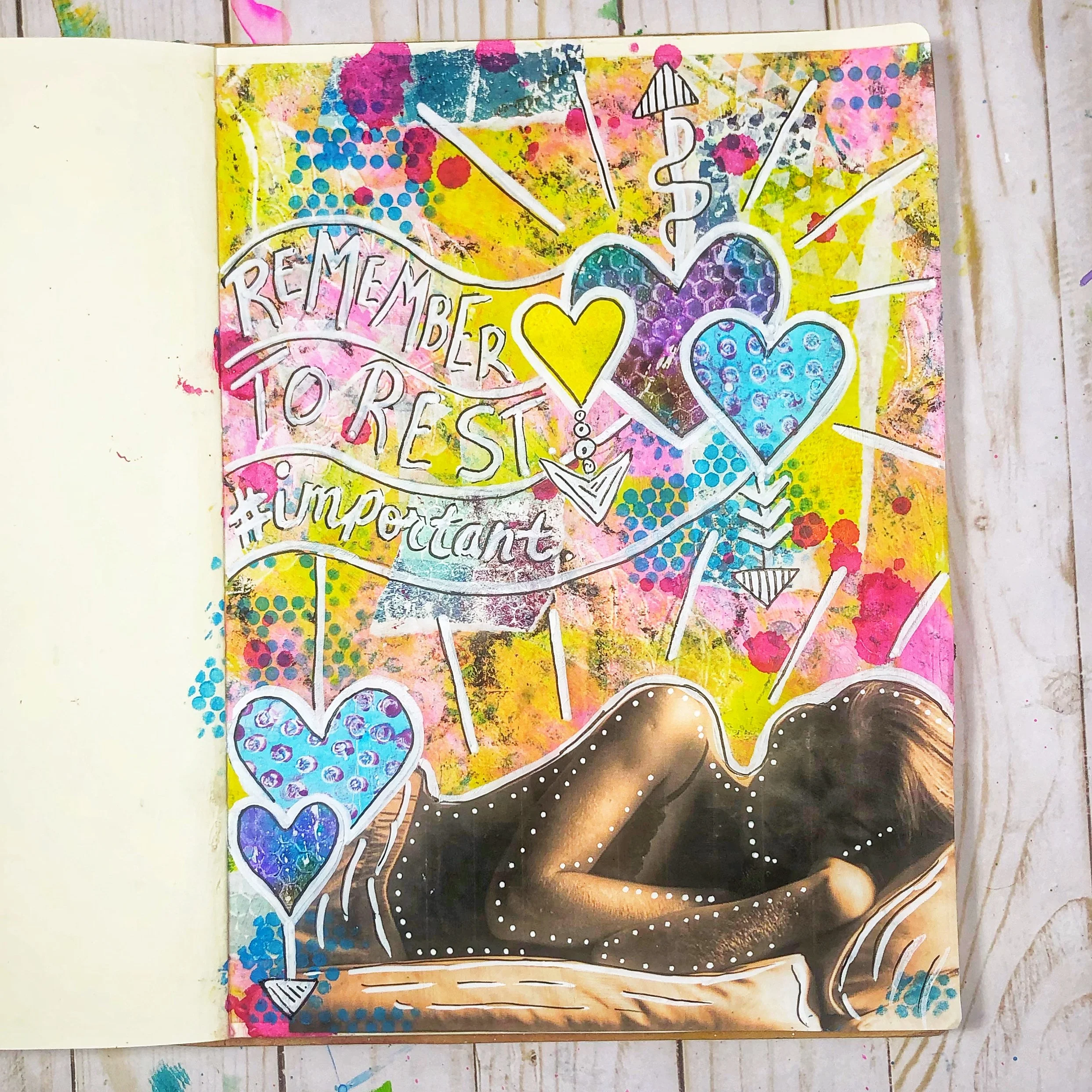 I do have to often remind myself to rest - Art Journaling in a Dylusion Journal using Arylic Paint and a Self magazine.Full Video on YouTube.