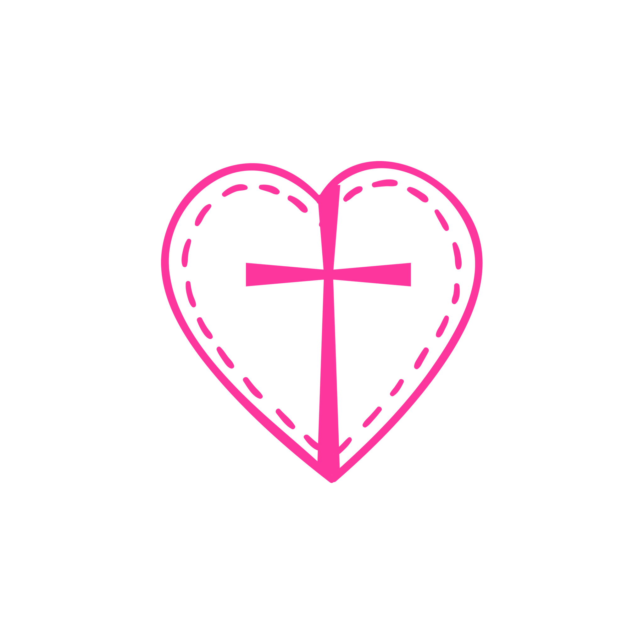 Pink heart with stitched edges and a cross-shaped design inside on a black background.