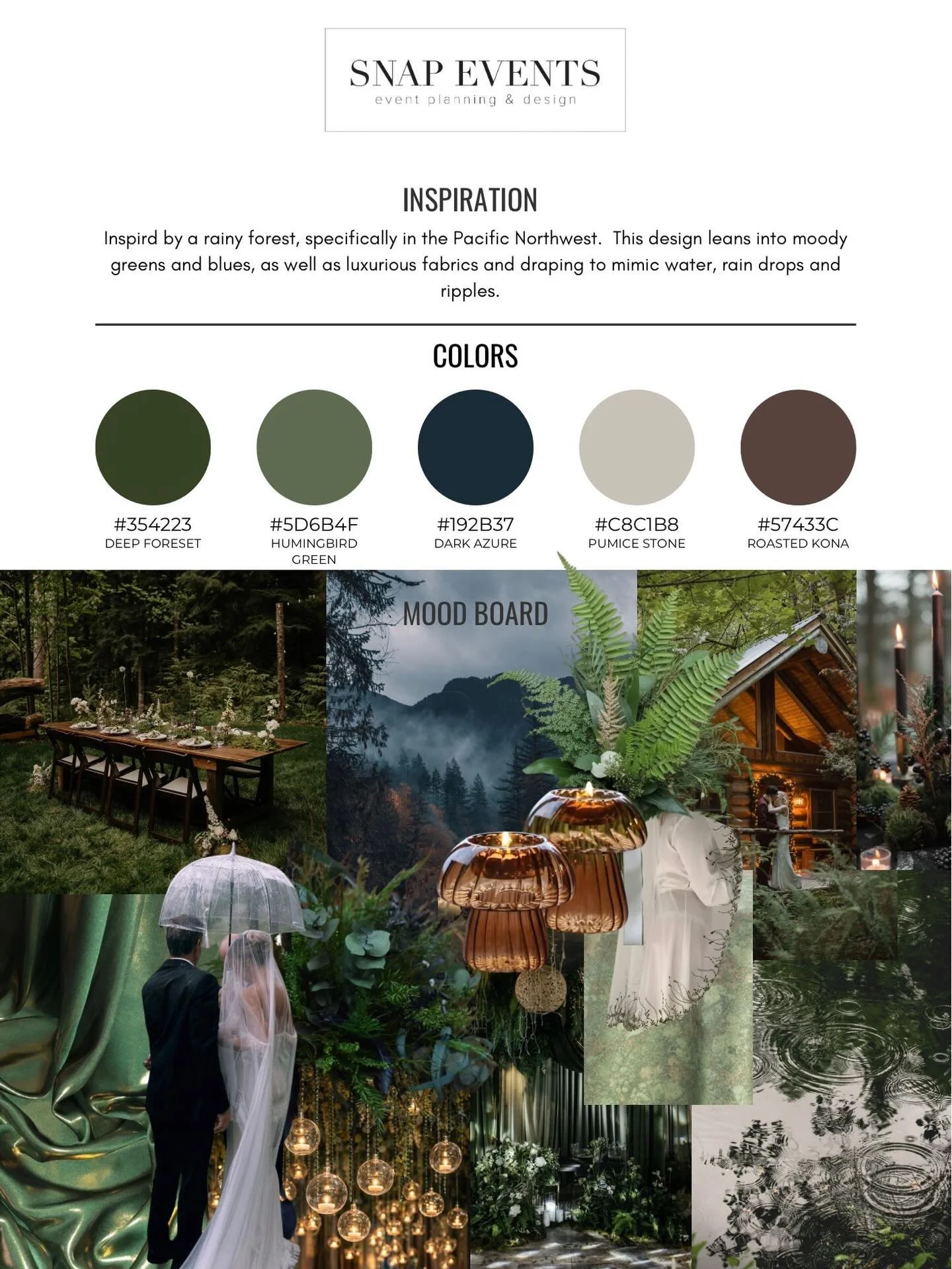 Happy #MoodBoardMonday! First up for this series is  a suggestion of forest and rainy colors- I couldn&rsquo;t help but think Pacific Northwest for this one and kept circling back to luxurious fabrics of satin and velvet mixed with rich browns and of
