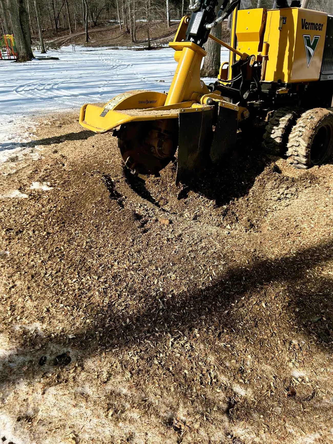Backyard lawn after stump grinding with stump completely removed.