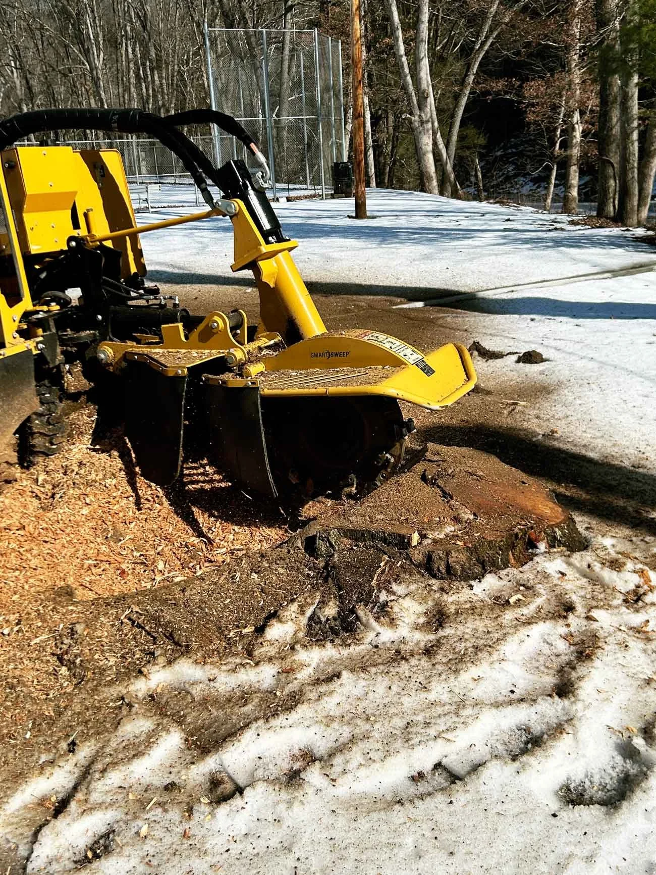 Commercial stump grinding equipment continuing to to remove tree stump.