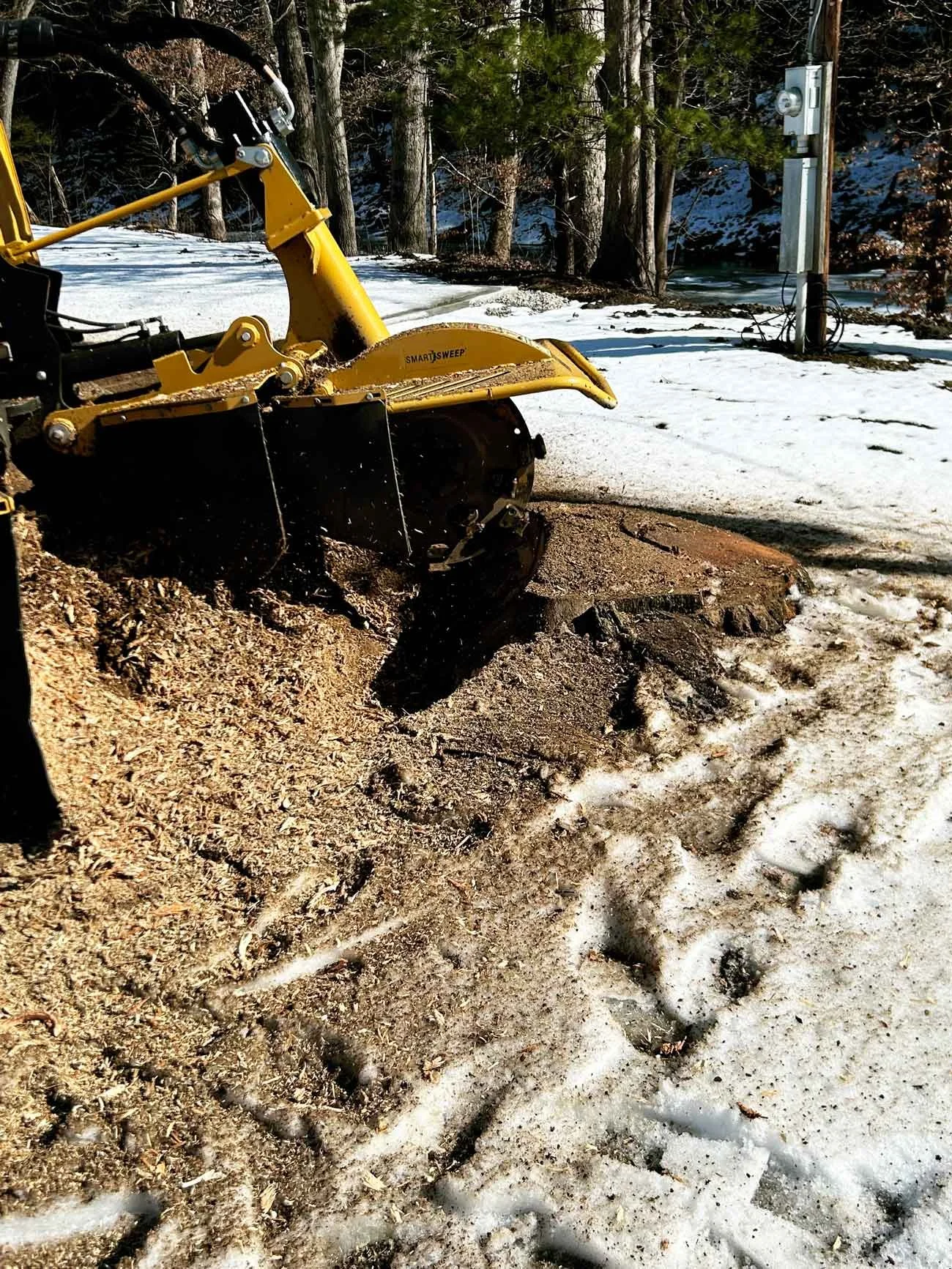 Commercial stump grinding equipment positioned to clear tree stump.