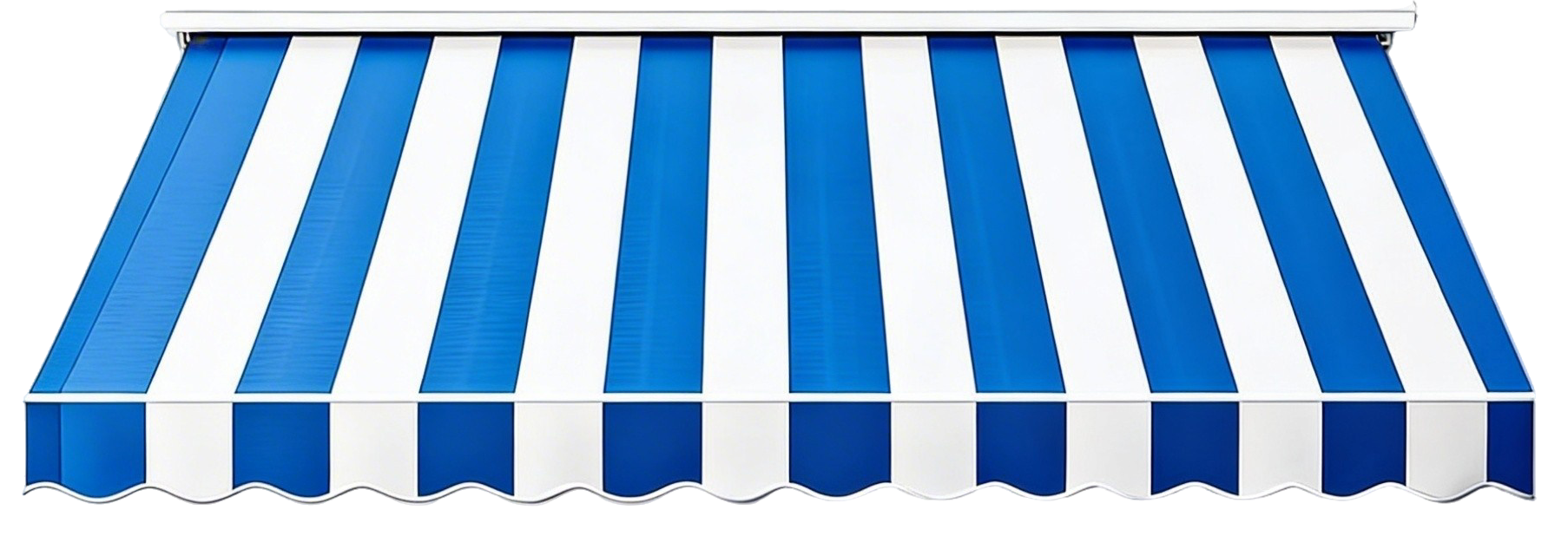 A blue and white striped awning with scalloped edges.