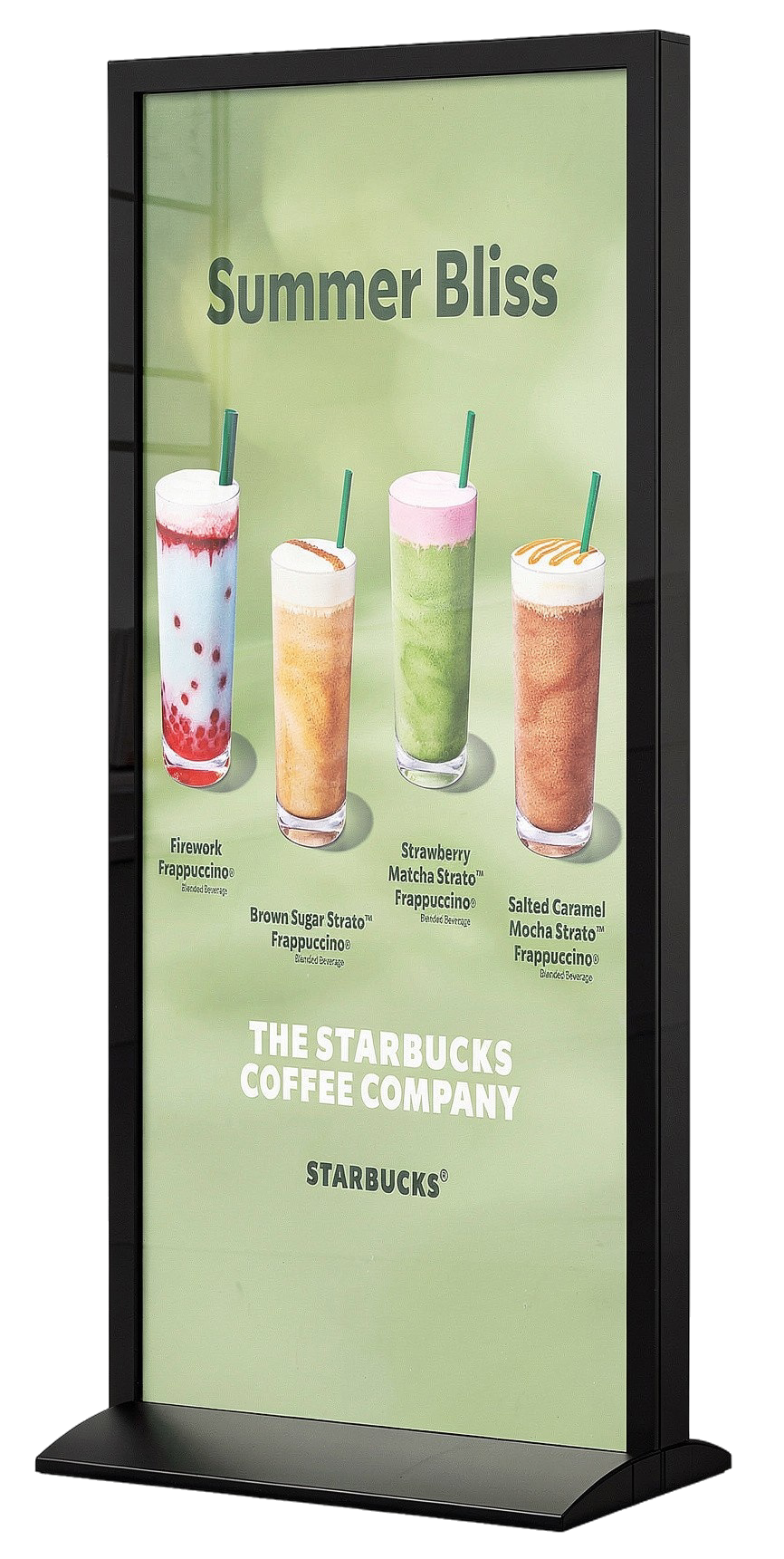 Display advertisement for Starbucks summer drinks, showing four colorful beverages: Firework Frappuccino, Brown Sugar Strato Frappuccino, Strawberry Matcha Strato Frappuccino, and Salted Caramel Mocha Strato Frappuccino, with the text 'Summer Bliss' at the top.